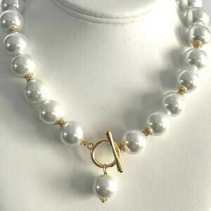 Large Faux Pearls Necklace/Earrings Set Gold tone With OT clasp ,